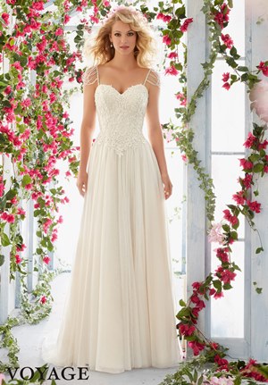 Wedding Dress - Mori Lee Voyage SPRING 2016 Collection: 6816 - Chandelier Crystal Beaded Straps onto the Bodice with Embroidered Appliqués on the Soft Net Gown | MoriLee Bridal Gown
