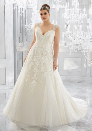 Wedding Dress - Mori Lee Julietta FALL 2017 Collection: 3222 - Merah - Crystal Beaded, Embroidered Straps Meet Re-Embroidered Lace Appliqu&eacute;s on Soft Tulle Gown with Godet Skirt | PlusSize Bridal Gown