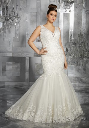 Wedding Dress - Mori Lee Julietta FALL 2017 Collection: 3223 - Minerva - Frosted, Embroidered Appliqués on Slim Fit and Flare Gown with Hemlace | PlusSize Bridal Gown