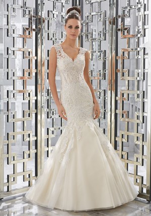 Wedding Dress - Mori Lee Blue FALL 2017 Collection: 5568 - Monika - Diamanté Beaded, Sculptured Lace Appliqués on Soft Tulle Fit and Flare Gown | MoriLee Bridal Gown