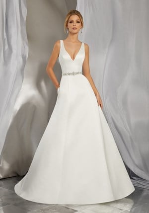 Wedding Dress - Mori Lee Voyage FALL 2017 Collection: 6862 - Morena - Duchess Satin, Slim A-Line Gown with Removable Diamanté Encrusted Satin Belt (Belt Also Sold Separately as Style #11269) | MoriLee Bridal Gown