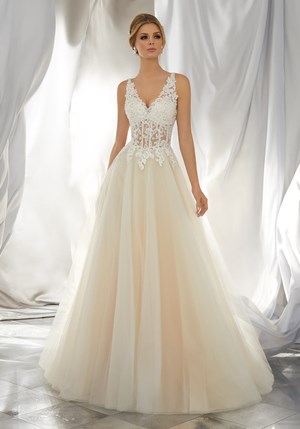 Wedding Dress - Mori Lee Voyage FALL 2017 Collection: 6864 - Myrcella - Crystal Beaded, Re-Embroidered Lace Appliqués on Soft Tulle Ball Gown (Matching Satin Bodice Lining Included) | MoriLee Bridal Gown