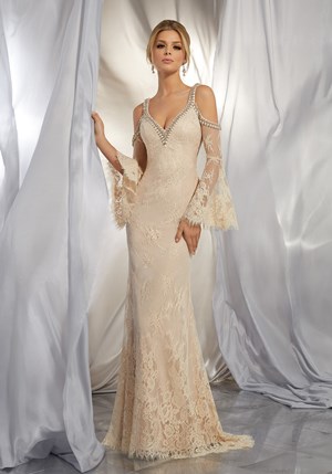 Wedding Dress - Mori Lee Voyage FALL 2017 Collection: 6865 - Marion - Brilliantly Beaded Neckline and Cold Shoulder on a Slim, Allover Chantilly Lace Gown with Scalloped Hemline and Sleeves | MoriLee Bridal Gown