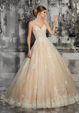 Wedding Dress - Mori Lee Bridal FALL 2017 Collection: 8187 - Mariska - Embroidered Alençon Lace on Circular Tulle Ball Gown with Scalloped Hemline (Matching Satin Bodice Lining Included) | MoriLee Bridal Gown