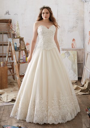 Wedding Dress - Mori Lee Julietta SPRING 2017 Collection: 3217 - Miranda - Crystal Beaded Alençon Lace on Tulle Ball Gown with Wide Scalloped Hemline | PlusSize Bridal Gown