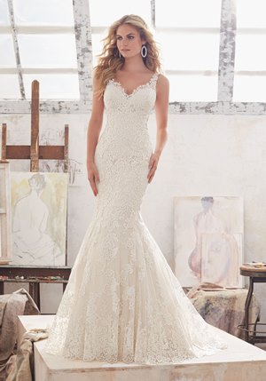 Wedding Dress - Mori Lee Bridal SPRING 2017 Collection: 8115 - Marcelline - Frosted Alençon Lace Appliqués on Net with Wide Scalloped Hemline | MoriLee Bridal Gown