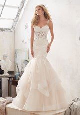 Bridal Dress: Mori Lee Bridal SPRING 2017 Collection: 8118 - Marciela - Diamanté Beaded Alençon Lace Appliqués on Horsehair Flounced Tulle Mermaid with Appliquéd Shoulder Straps 