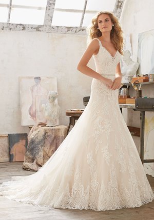 Wedding Dress - Mori Lee Bridal SPRING 2017 Collection: 8122 - Mariana - Vintage Alen&ccedil;on Lace on Tulle with Wide Scalloped Hemline, Removable Beaded Net Belt | MoriLee Bridal Gown