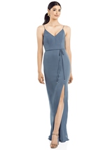 Bridesmaids Dress: 1500 Series Bridesmaids SPRING 2020 - 1524 - Ruffle V-Back Chiffon Dress with Jeweled Skinny Sash 