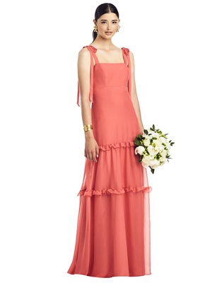 Bridesmaid Dress - 1500 Series Bridesmaids SPRING 2020 - 1529 - Bowed Flat Strap Chiffon Gown with Ruffle Skirt | Dessy Bridesmaids Gown