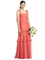 Bridesmaids Dress: 1500 Series Bridesmaids SPRING 2020 - 1529 - Bowed Flat Strap Chiffon Gown with Ruffle Skirt 