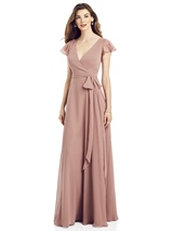 Bridesmaids Dress: After Six Bridesmaids SPRING 2020 - 6817 - Flutter Sleeve Faux Wrap Chiffon Gown with Sash 