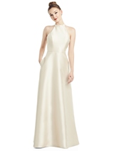 Bridesmaids Dress: Alfred Sung Bridesmaids 2020 - D772 - Open-Back High-Neck Satin Gown with Pockets 