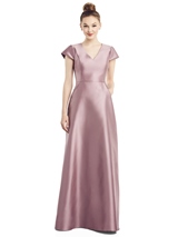 Bridesmaids Dress: Alfred Sung Bridesmaids 2020 - D779 - Cap Sleeve V-Neck Satin Gown with Pockets 