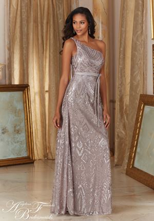 Bridesmaid Dress - Angelina Faccenda Bridesmaids by Mori Lee FALL 2016 Collection: 20486 - Patterned Sequins on Mesh, Matching Satin Tie Sash | AngelinaFaccenda Bridesmaids Gown