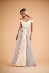 Bridesmaids Dress: B2 SPRING 2020 - B223004 - Pretty poly chiffon long bridesmaid dress with portrait neckline and cinching waist tie. New and exciting two-tone designs offered. 