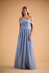 Bridesmaids Dress: B2 SPRING 2020 - B223006 - Poly chiffon long bridesmaid dress with off-the-shoulder neckline, ruched bodice, and self-tie sash. 