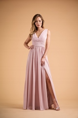 Bridesmaids Dress: B2 SPRING 2020 - B223007 - Poly chiffon long bridesmaid dress with a thick waistband, sexy deep V necklinein front and back. 