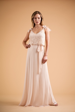  Dress - B2 SPRING 2020 - B223009 - Pretty two-piece lace and poly chiffon long bridesmaid dress. Inside layer is cut on the bias and has an elastic waistband so it can form to all body shapes. Dress is accented with lace spaghetti strap top. | Jasmine Evening Gown