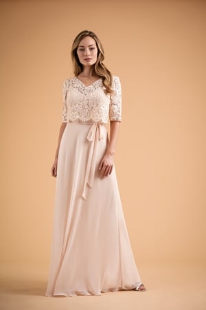 Bridesmaid Dress - B2 SPRING 2020 - B223011 - Two-piece lace and poly chiffon long bridesmaid dress. Inside layer is cut on bias and has elastic waistband so it can fit to all body shapes. Dress is accented with lace short sleeve top. | Jasmine Bridesmaids Gown
