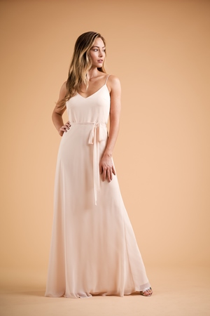  Dress - B2 SPRING 2020 - B223012 - Two-piece lace and poly chiffon long bridesmaid dress. Inside layer is cut on the bias and has an elastic waistband so it can fit all body shapes. Dress is accented with loose lace 3/4 top. | Jasmine Evening Gown