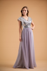 Bridesmaids Dress: B2 SPRING 2020 - B223013 - Sequin and chiffon long bridesmaid dress with V-neckline and deep V tie top in back. Sequined loose sleeves. 