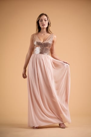 Special Occasion Dress - B2 SPRING 2020 - B223015 - Sequin and chiffon long bridesmaid dress with V-neckline, deep V back. | Jasmine Prom Gown