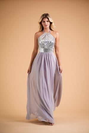 Bridesmaid Dress - B2 SPRING 2020 - B223016 - Sequin halter top and thick waistband with poly chiffon back neck tie. | Jasmine Bridesmaids Gown