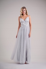 Bridesmaids Dress: BELSOIE SPRING 2020 - L224002 - Pretty Lace appliqué and soft tulle floor length gown with spaghetti straps and V neckline. Double straps in back. 