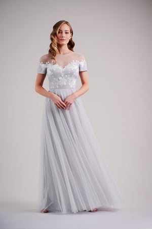  Dress - BELSOIE SPRING 2020 - L224003 - Lace appliqué and soft tulle long bridesmaid dress with illusion jewel neckline | Jasmine Evening Gown
