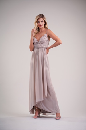  Dress - BELSOIE SPRING 2020 - L224014 - Stretch illusion long bridesmaid dress with spaghetti straps, V-neckline | Jasmine Evening Gown