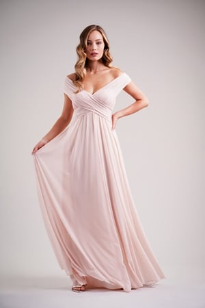  Dress - BELSOIE SPRING 2020 - L224015 - Stretch illusion V-neckline long bridesmaid dress with off-the-shoulder sleeves | Jasmine Evening Gown