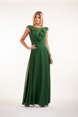 Bridesmaids Dress: JASMINE BRIDESMAID SPRING 2020 - P226007 - Charlotte chiffon long bridesmaid dress with bateau neckline, ruffled V-neck design 