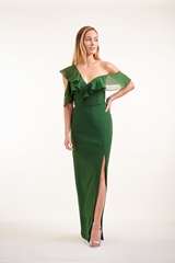 Bridesmaids Dress: JASMINE BRIDESMAID SPRING 2020 - P226008 - Charlotte chiffon long bridesmaid dress with one shoulder split ruffle 