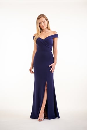 Special Occasion Dress - JASMINE BRIDESMAID SPRING 2020 - P226009 - Soft Crepe long bridesmaid dress with a thick band portrait neckline | Jasmine Prom Gown