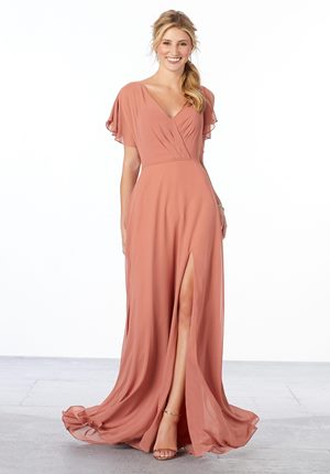 Special Occasion Dress - Mori Lee Bridesmaids Spring 2020 Collection: 21667 - Chiffon Bridesmaid Dress with Flutter Sleeve and Front Slit | MoriLee Prom Gown