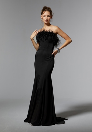 MOB Dress - Mori Lee Collection: 72923 - Crepe Sheath Evening Gown with Feathered Neckline | MoriLee MOB Gown
