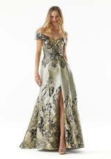 Prom Dress: Mori Lee Collection: 73008 - Metallic Jacquard Gown with Front Drape 