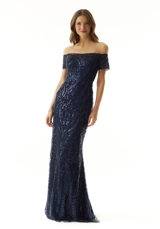 Prom Dress: Mori Lee Collection: 73014 - Pattern Sequin Off The Shoulder Sheath Evening Gown 