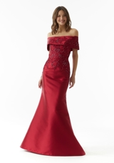 Prom Dress: Mori Lee Collection: 73019 - Beaded Lace Larissa Satin Evening Gown with Cuffed Neckline 