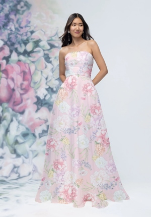 Special Occasion Dress - Morilee Bridesmaids Collection: 3030018 - Strapless Draped Floral Printed Organza and Chiffon Bridesmaid Dress | MoriLee Prom Gown