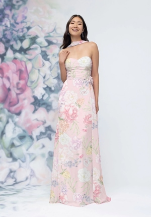 Special Occasion Dress - Morilee Bridesmaids Collection: 3030023 - Draped Sweetheart Floral Printed Bridesmaid Dress with Detachable Rosette and Scarf | MoriLee Prom Gown