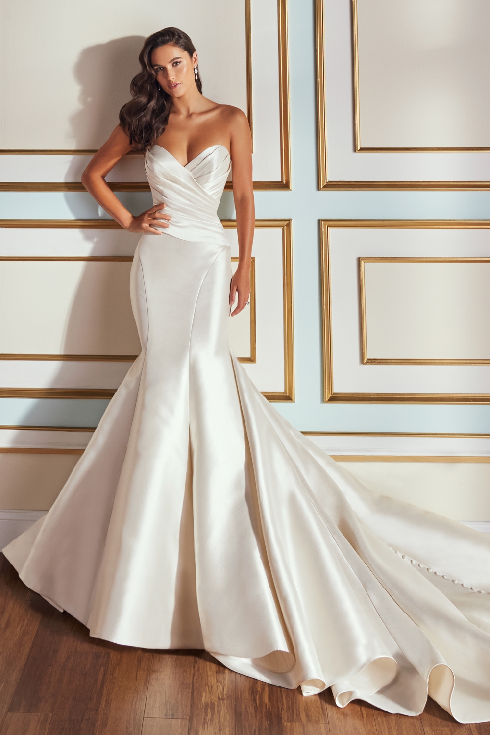 Café satin strapless fit-and-flare wedding gown