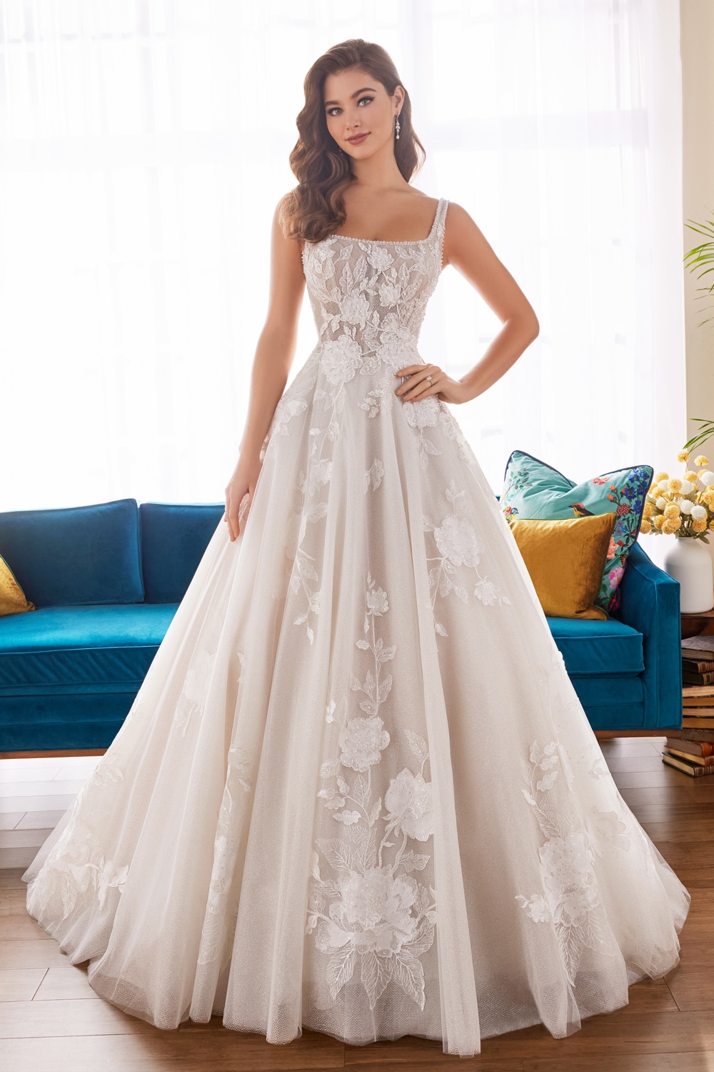 Ivory and sand square-neck floral A-line wedding dress