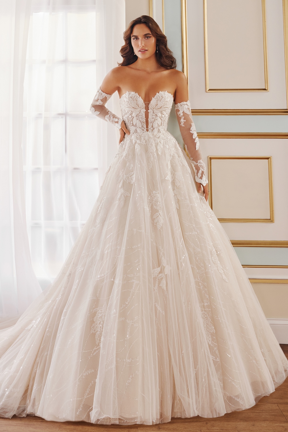 Ivory and almond sparkle tulle ball gown with sleeves