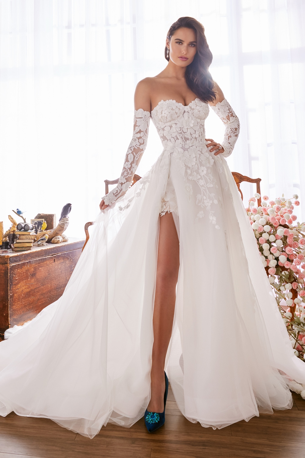 Diamond white sparkle ball gown with off-the-shoulder sleeves