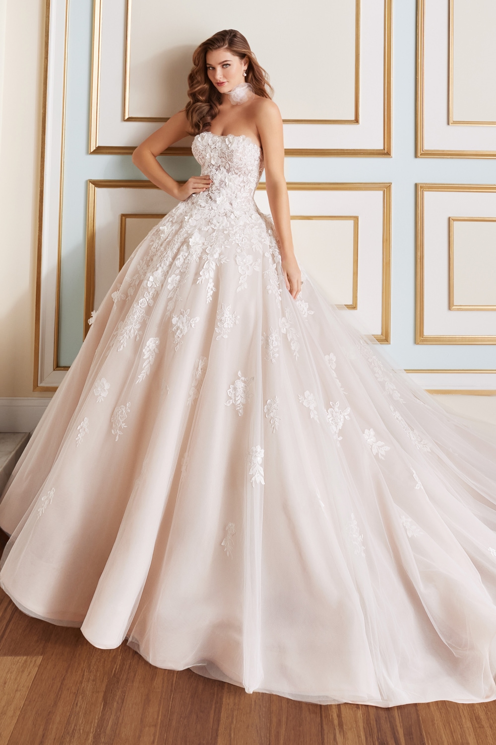 Ivory and tea rose 3D floral strapless ball gown