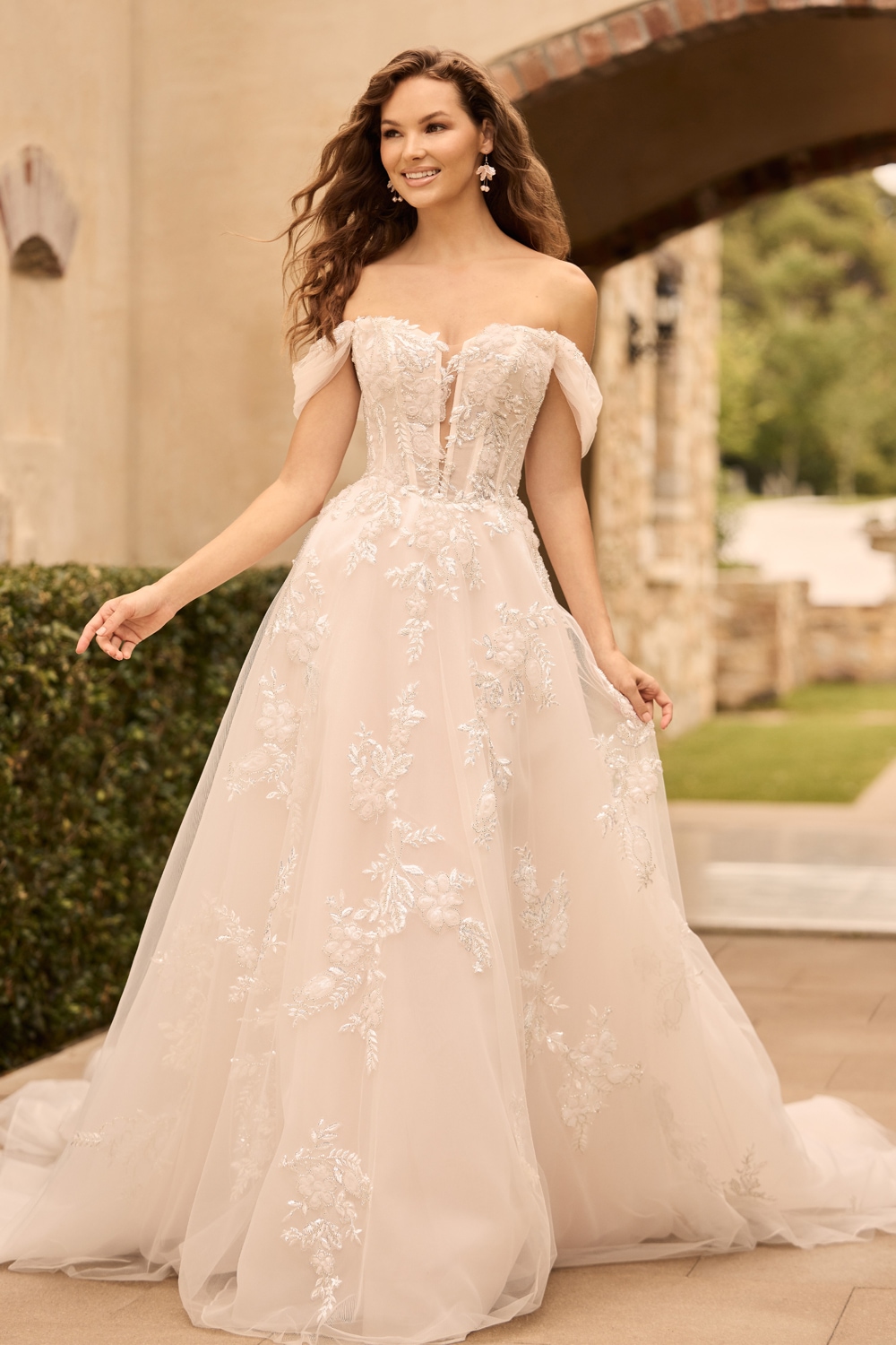 Blush floral lace off-the-shoulder A-line wedding dress with slit