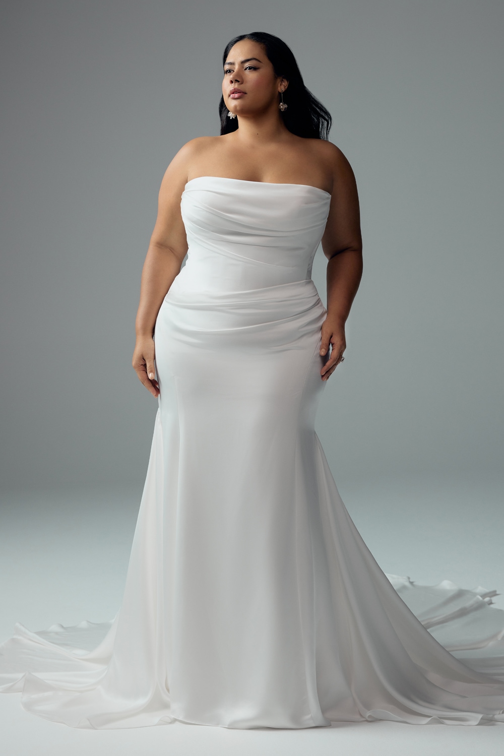 Ivory strapless draped crepe fit-and-flare wedding dress