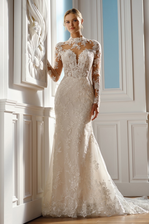 Long-sleeve lace wedding gown with a high neckline